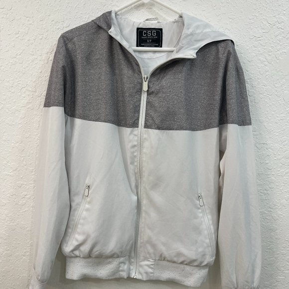 Men CSG Long Sleeve Full Zip Outsider Hooded White Windbreaker Jacket SMALL - Picture 1 of 6